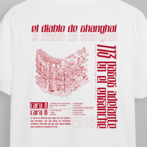 Foto de la parte trasera de la camiseta blanca de El Diablo de Shanghai para su primer disco 113 pasos adelante en el ensanche