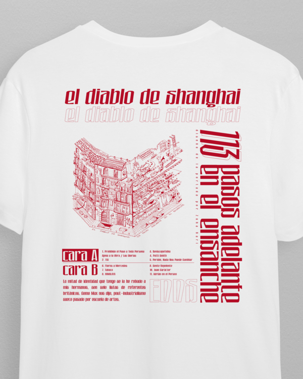 Foto de la parte trasera de la camiseta blanca de El Diablo de Shanghai para su primer disco 113 pasos adelante en el ensanche